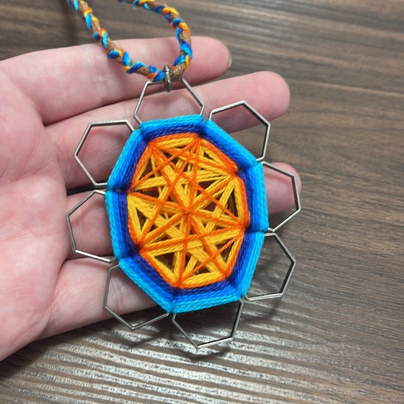 Handcrafted Threaded Geometric Pendant on Braided Leather Cord Necklace - Picture 2 of 8